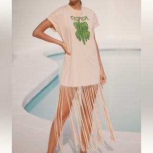 New FARM Rio x Anthropologie Tropical Fringe Short Sleeve Dress